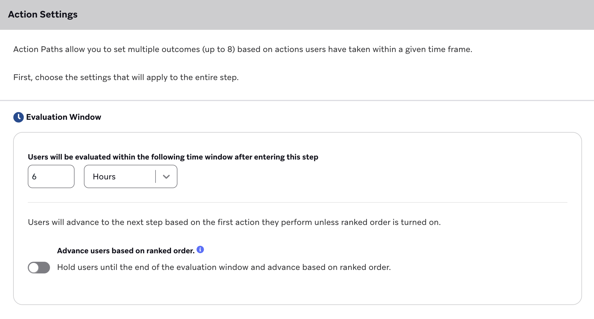 The Action Settings with an evaluation window of 1 day.