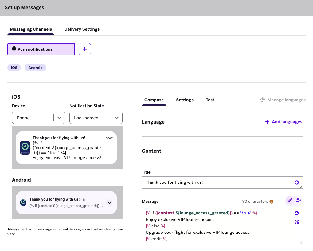 A Message step with different messages to send, depending on the type of plane ticket purchased.