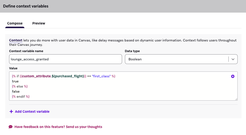 Context variable set up to track if a passenger qualifies for VIP lounge access.