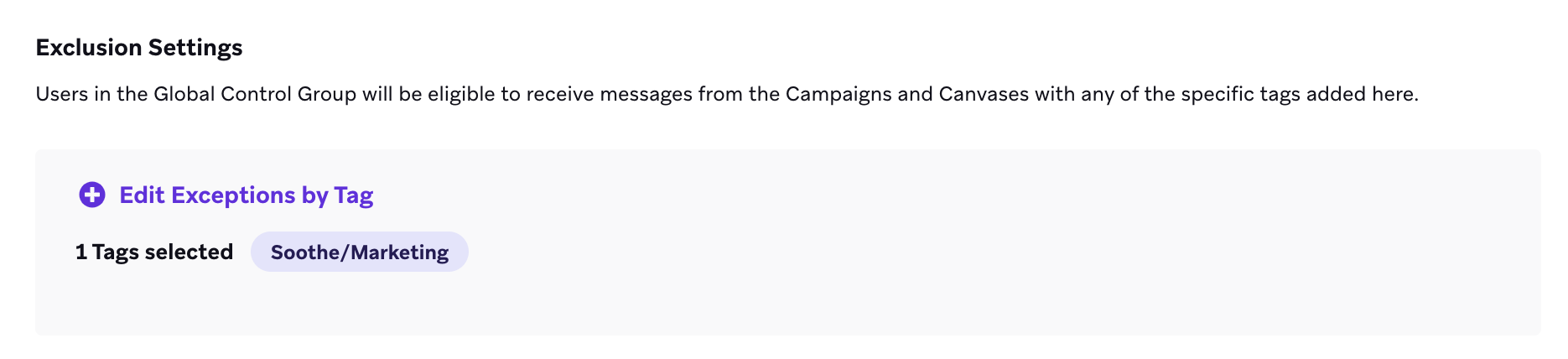 The section to add or edit exclusion settings for your Global Control Group.
