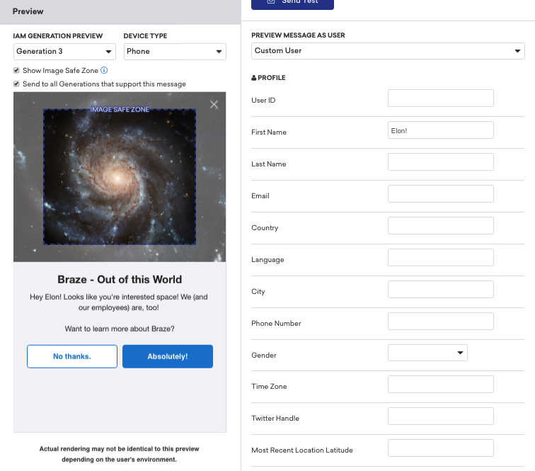 Test tab when building an in-app message. "Preview message as user" is set to "Custom User" with available profile fields appearing as configurable options.