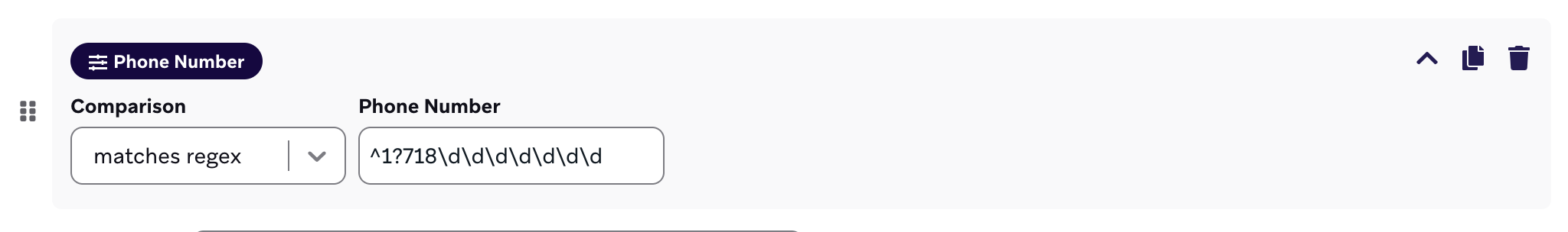 Filter for a phone number that matches regex of "^1?718\d\d\d\d\d\d\d".