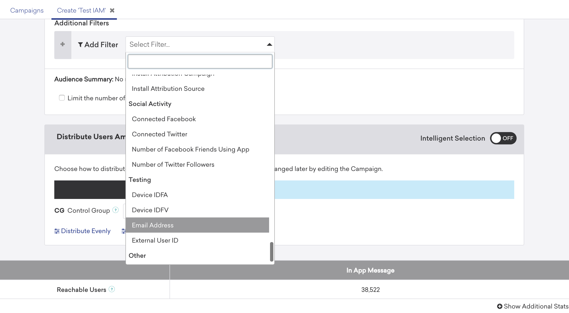 A Braze test campaign displaying the filters available in the targeting step.