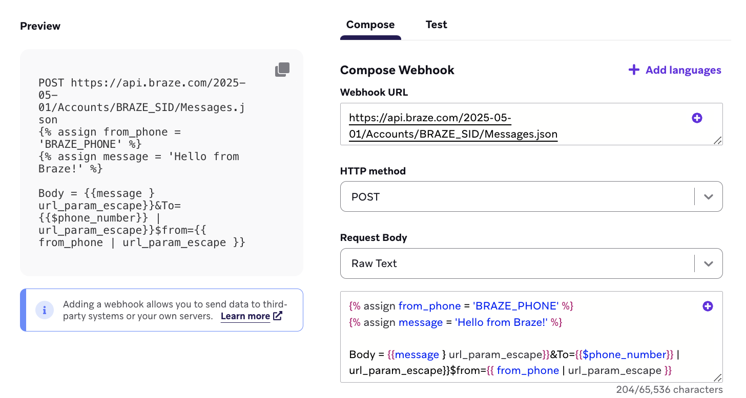 Example webhook with an HTTP method, HTTP URL, and request body.